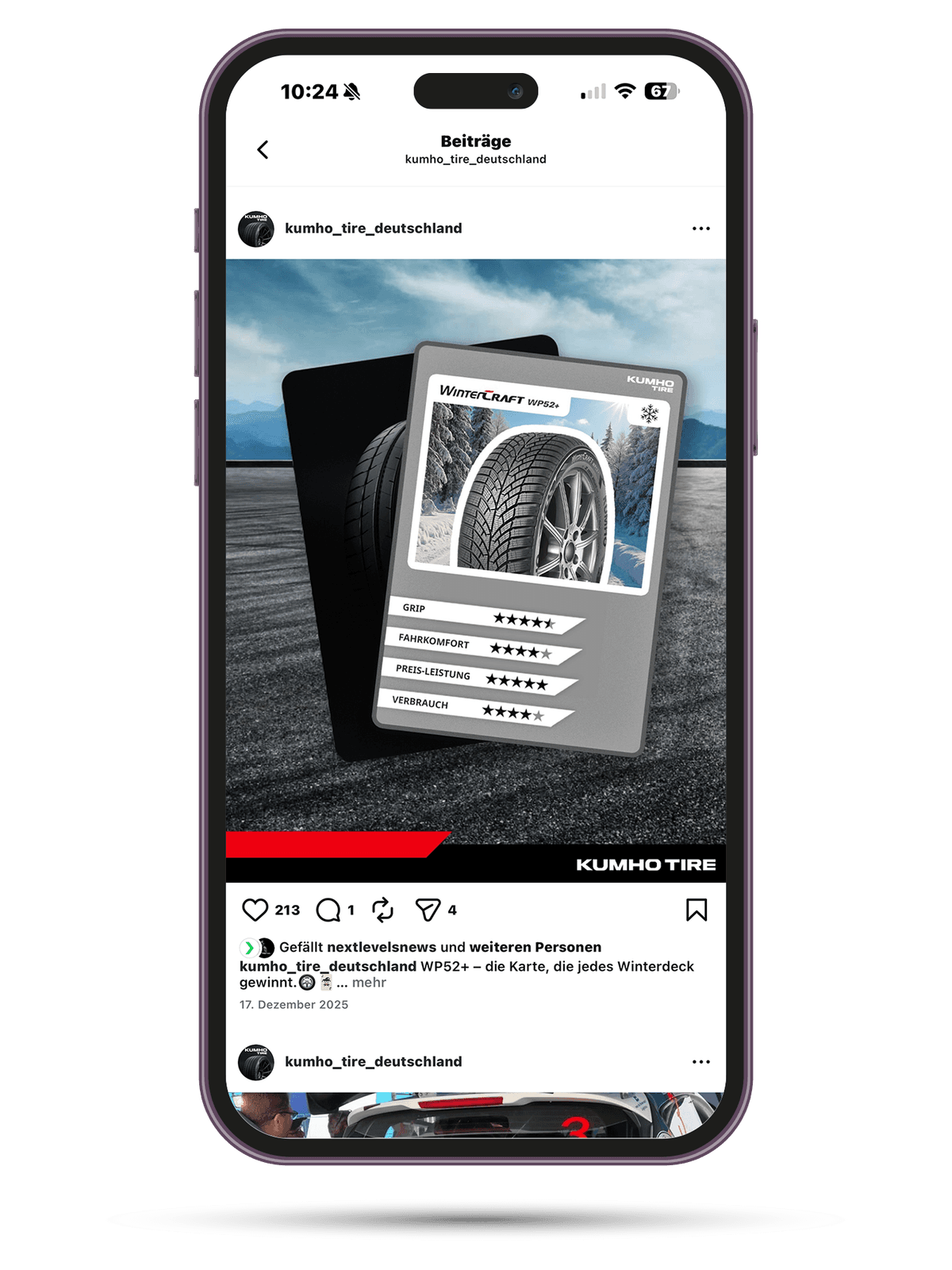 Kumho Tire Social Media Posts auf Smartphones