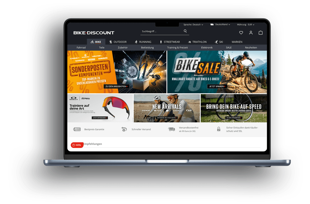 Bike-Discount Startseite auf Laptop