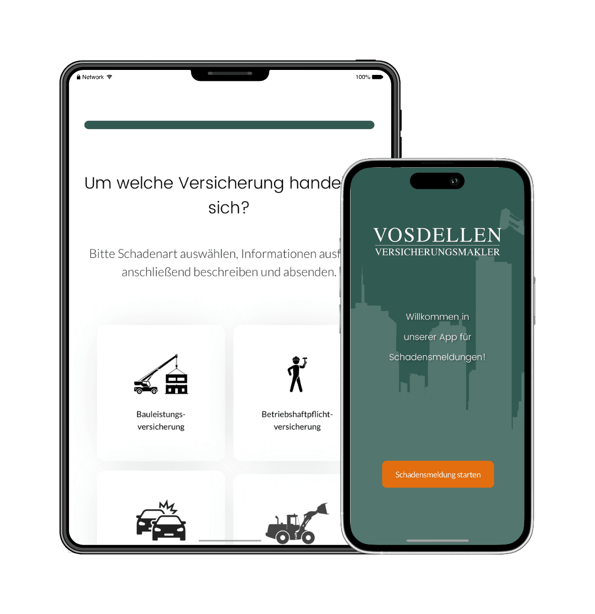 VOS App Schadensmeldung auf Tablet und Smartphone