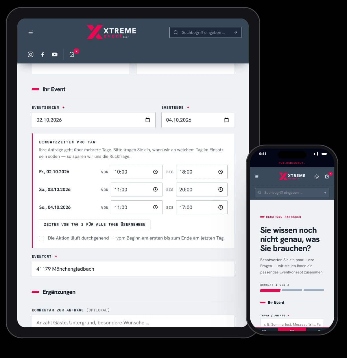 Guided consultation and request form from Xtreme Events