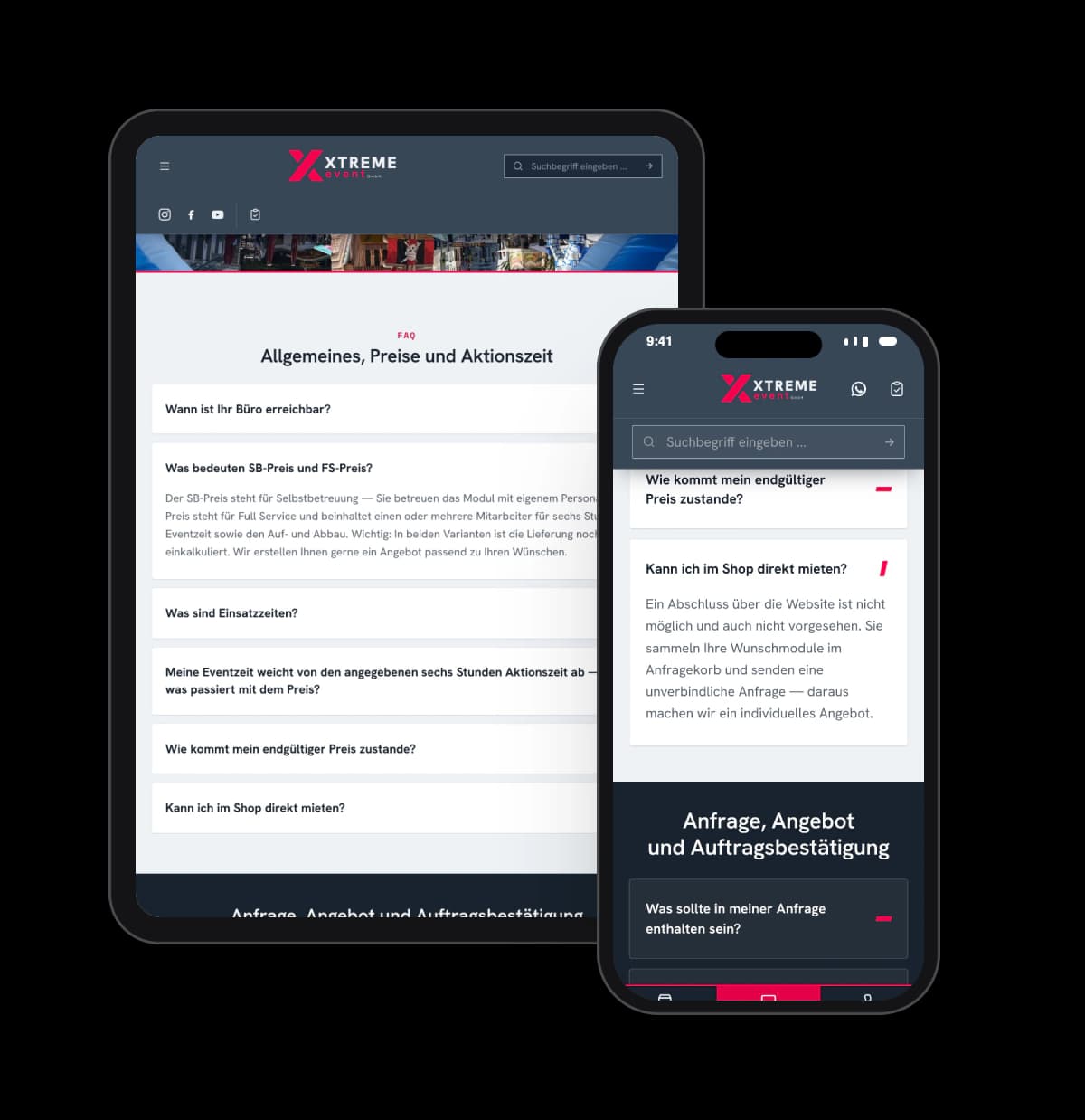 Xtreme Events FAQ page on tablet and smartphone