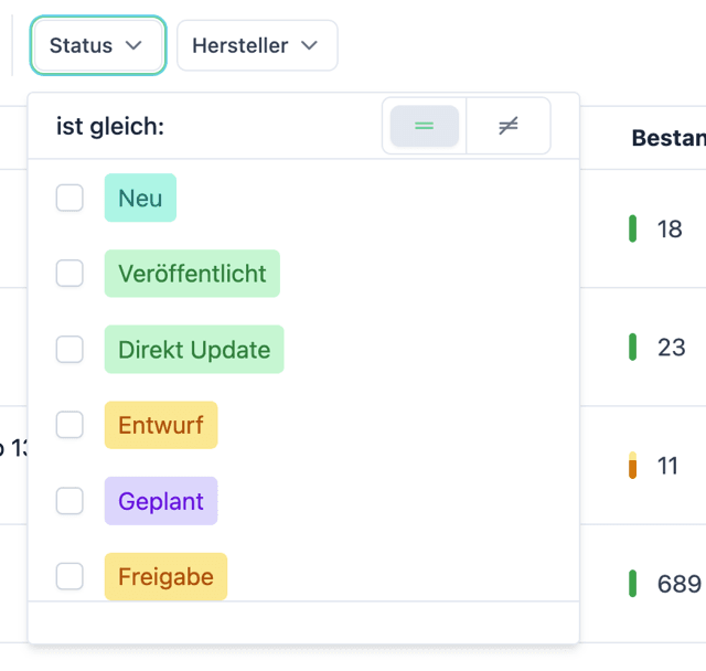 Spaltenfilter „Status“ in einer Datentabelle im next-cms-Admin Spaltenfilter „Status“ in einer Datentabelle im next-cms-Admin