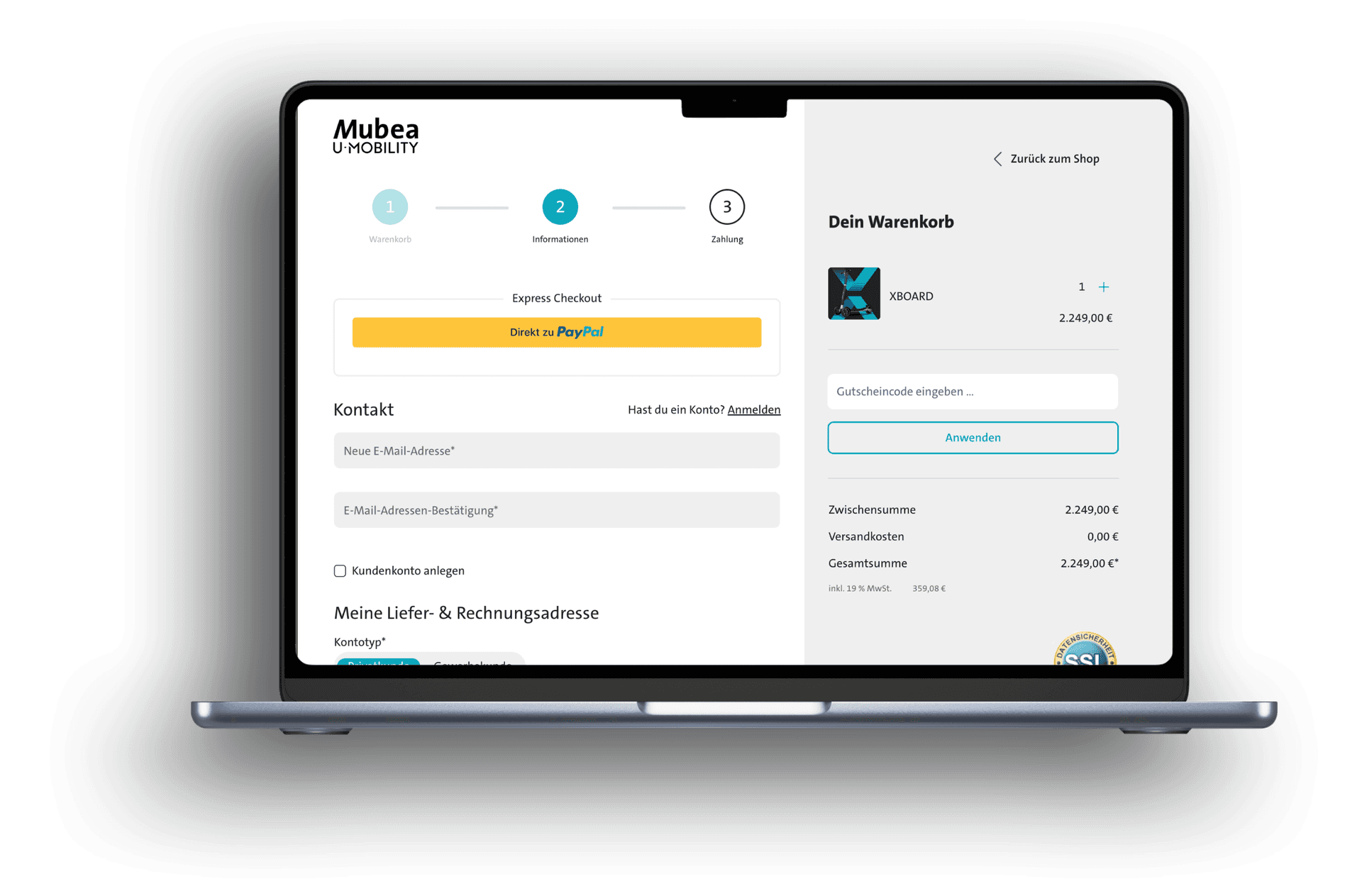 XBoard Shop auf Shopware 6: Checkout mit Warenkorb im Laptop-Mockup