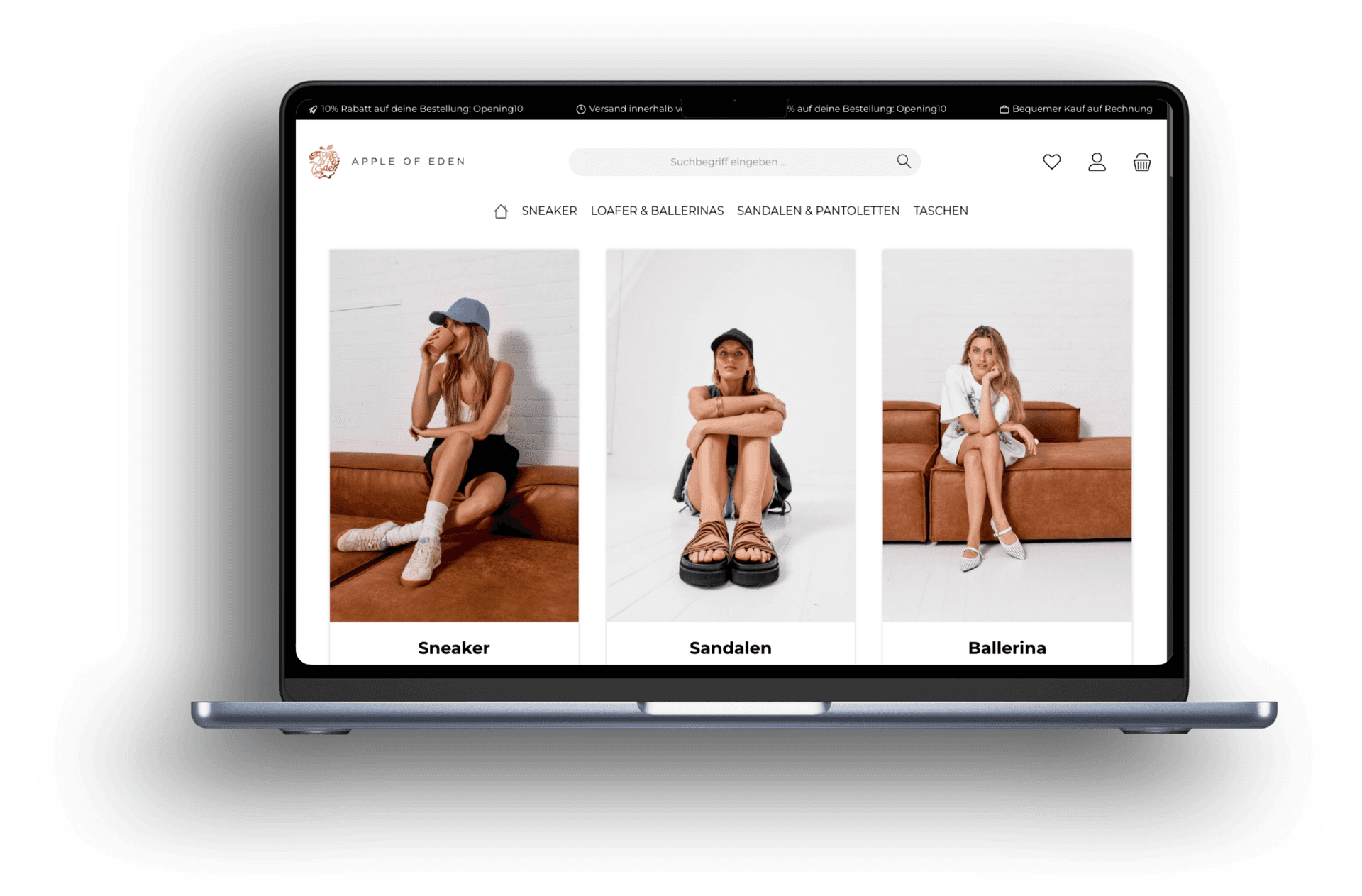 Apple of Eden auf Shopware 6: Startseite mit Sneakern, Sandalen und Ballerinas im Laptop-Mockup