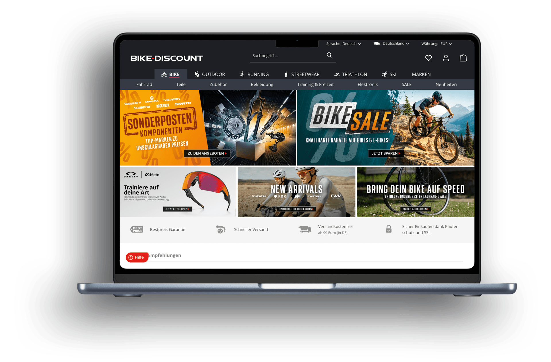 Bike-Discount auf Shopware 6: Startseite mit Kampagnenbannern im Laptop-Mockup