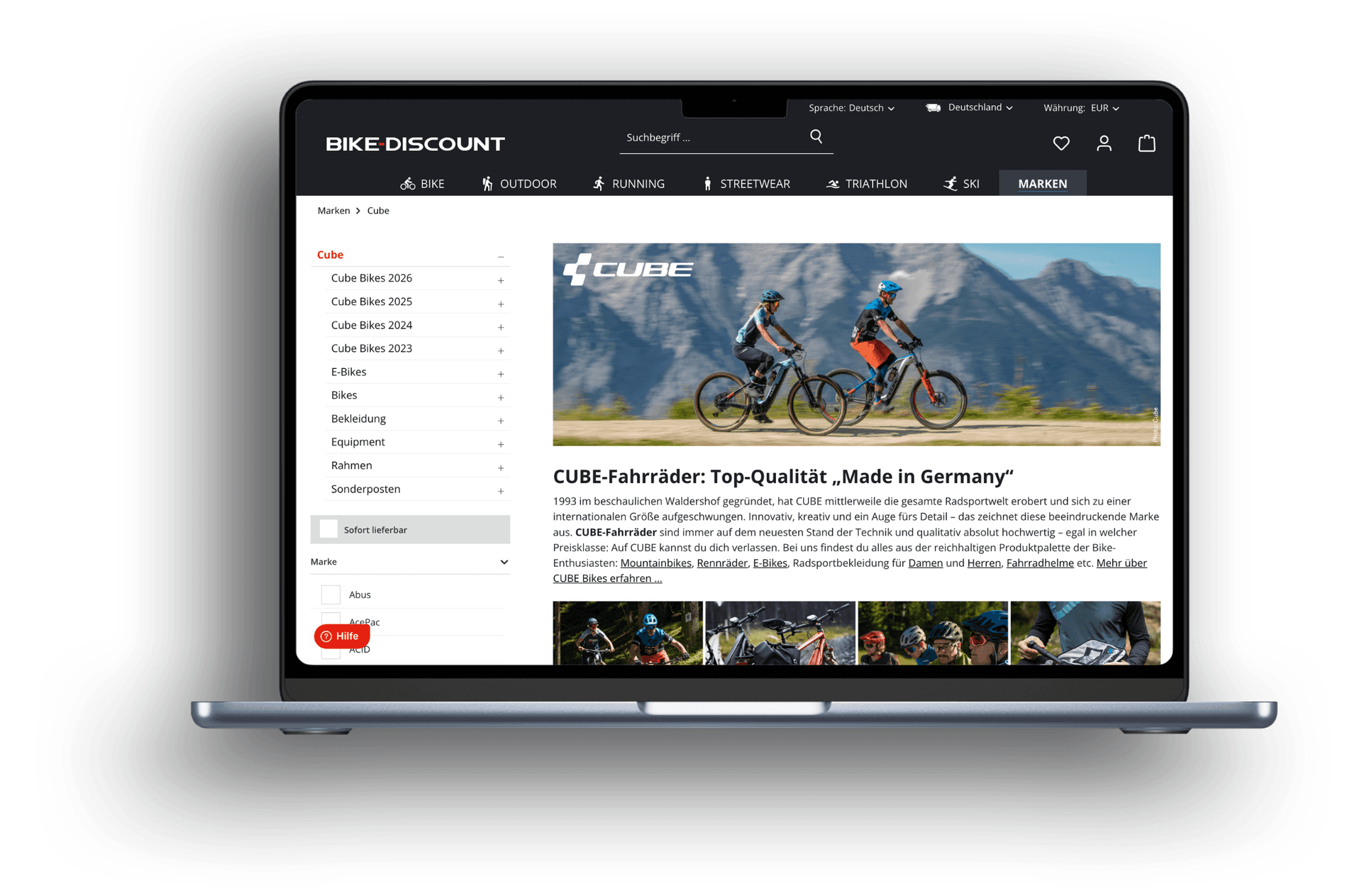 Bike-Discount auf Shopware 6: Markenseite Cube mit Kategorienavigation im Laptop-Mockup