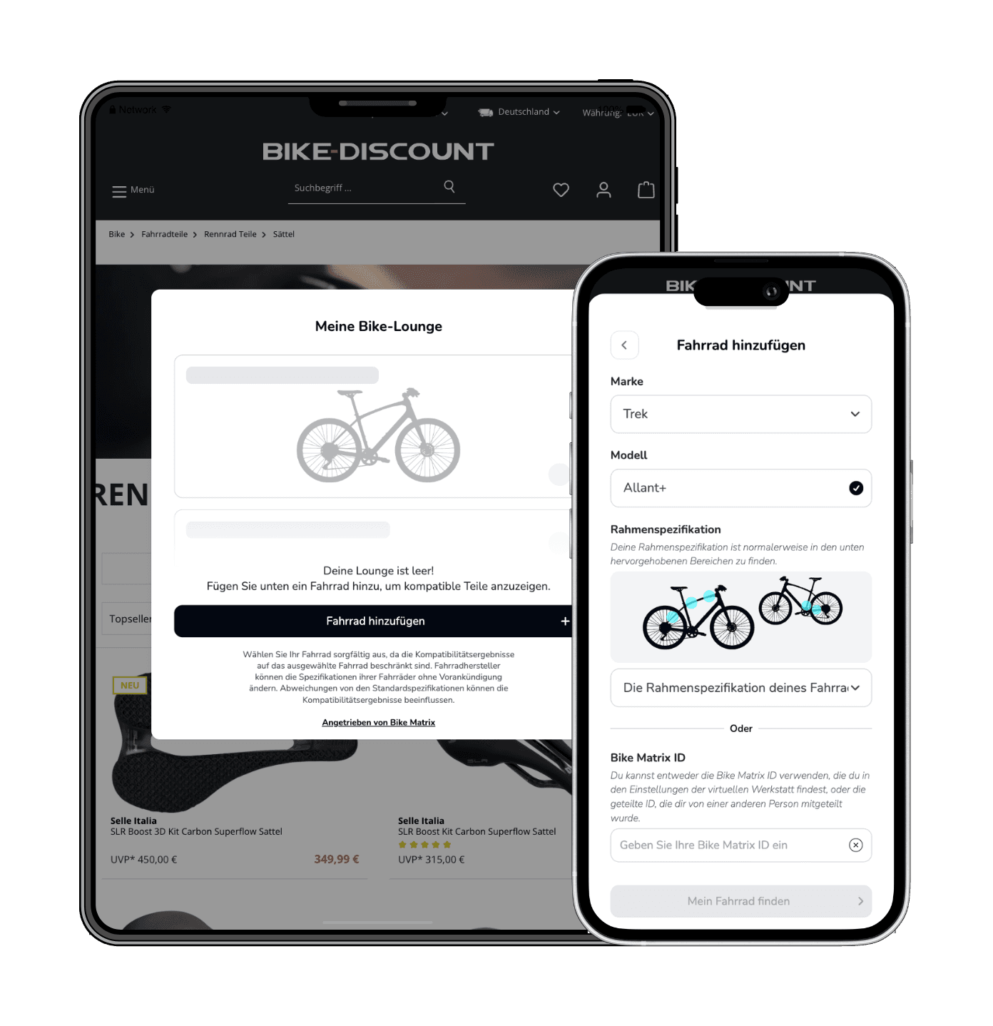 Bike-Discount auf Shopware 6: Bike-Lounge zeigt nur Teile, die zum eigenen Fahrrad passen, auf Tablet und Smartphone